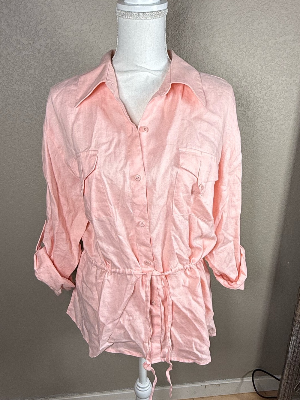 Claiborne Linen Drawstring Button-Up Blouse‎